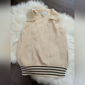 Evereve Cream Black Stripe Knit V Neck Collared Sweater Vest M Medium